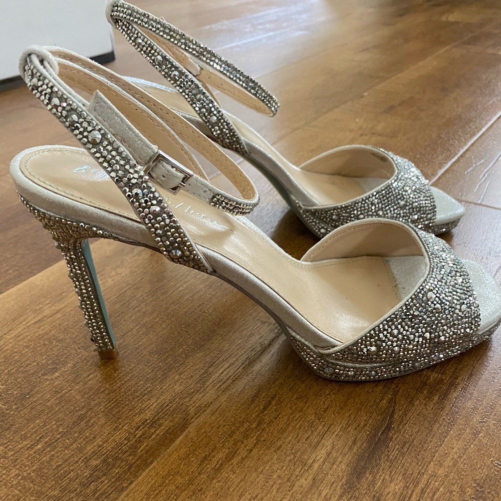 Betsey Johnson Suni Crystal Embellished Ankle Strap Stiletto Heels.